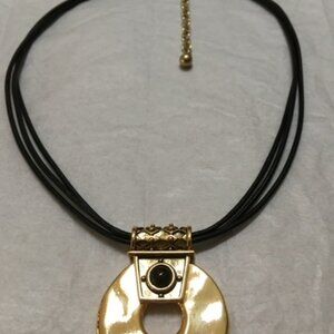Chico's 3-Strand Black Leather Necklace with Goldtone and Black Stone Pendent